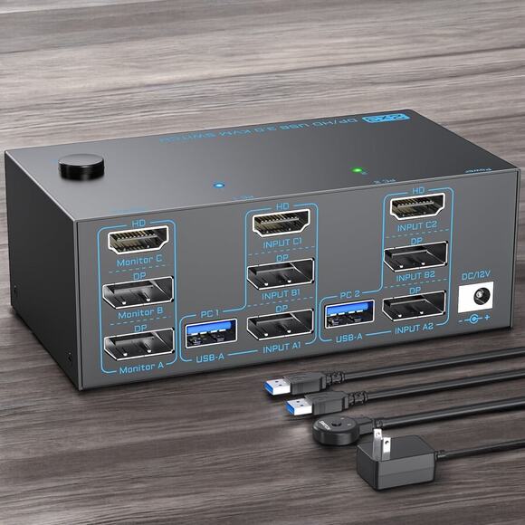 8K@60Hz HDMI Displayport KVM Switch 3 Monitors 2 Computers 4K@120Hz Triple Monit
